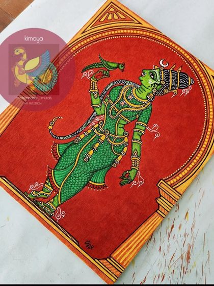 A full-length depiction of Goddess Meenakshi in her characteristic green form, holding a parrot. This 12x14 inch painting captures her standing posture, framed by a traditional temple arch, against a vibrant red backdrop.