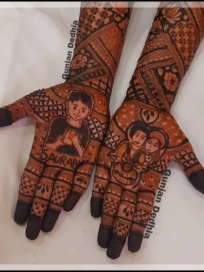 A custom design for a bride, featuring a portrait of her and her partner, along with his name 'Saurabh'. The other hand shows a sweet depiction of their bond.