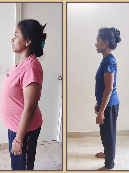 The side profile shows the dramatic change in Subhadra's posture and core strength after losing 16 kgs. This is a key benefit of a comprehensive online body transformation program.