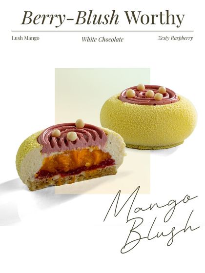 The Mango Blush entremet is a play of juicy mango and punchy raspberry. The cross section shows how they are swirled into an airy white chocolate mousse and set on a soft vanilla sponge.
