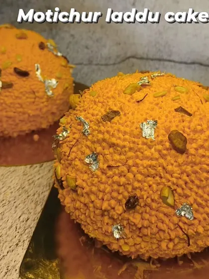 This is my special Motichoor Laddu Cake. In my fusion cake workshops, I teach you how to combine traditional Indian sweets with modern baking to create unique and delicious desserts.