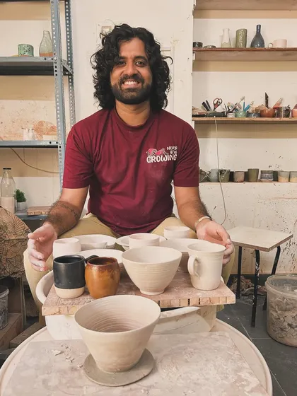 We love seeing our students' progress. Koushik proudly displays the pieces he made during his 7-week course, all ready for the bisque firing. His final project was an ambitious and successful coffee pour-over.