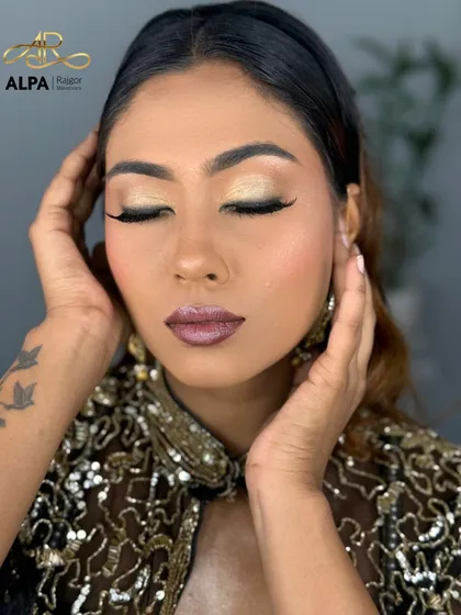 The eyes-closed shot is perfect for showcasing detailed eye makeup skills.