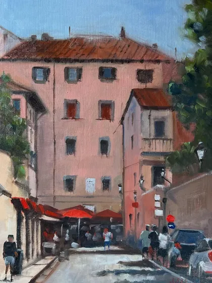 A beautiful town in Pisa, captured in oil on paper. These paintings are memories from my trip, and I love reliving them through my art. This piece is 9x12 inches.