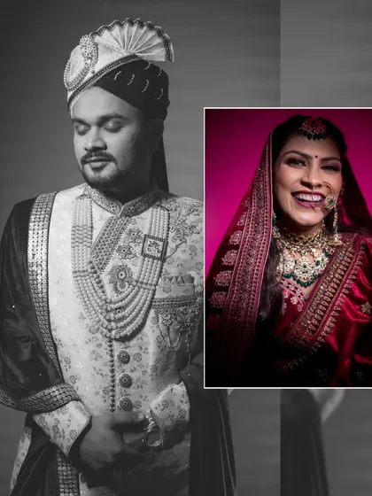 A creative split portrait of the groom in black and white and the bride in color, symbolizing their two lives becoming one.