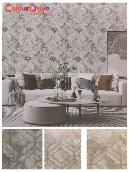 This wallpaper features a geometric pattern that mimics the look of interlocking marble tiles. It's an excellent way to add a sense of structure and luxury to a living room wall.