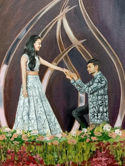 A magical proposal moment, captured forever on canvas. This was a live painting from an engagement ceremony in New Delhi, focusing on the groom-to-be on one knee.