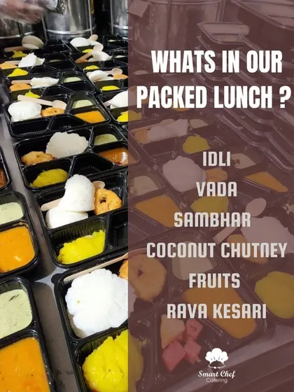 Power your team with our delicious and convenient packed lunches. This South Indian meal features soft idli, crispy vada, flavorful sambar, coconut chutney, fresh fruits, and sweet rava kesari, all neatly packed for your corporate outings or events.