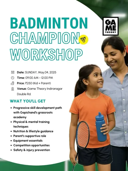 We believe parents are a crucial part of a young athlete's journey. This poster details our Badminton Champion Workshop, designed for both kids and parents. Learn about skill development paths from Gopichand's academy, nutrition, mental training, and how to best support your child's passion.