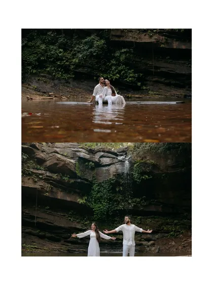 A diptych showing the couple in a serene, natural water setting. These wide shots capture the beauty of the location and the couple's peaceful presence within it.