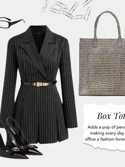 Our Box Tote in a subtle grey croc print. This bag adds a pop of personality, making every day at the office a fashion-forward affair.