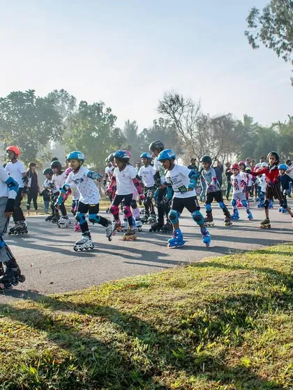 A close-up of the skaters in action during the marathon. The smooth tarmac of the racetrack is perfect for more than just tires.