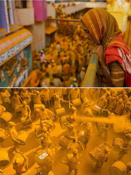 A diptych from the Vittal Birdev Yatra in Pattan Kodoli, Maharashtra. The top frame shows a woman watching the festivities, while the bottom shows the energy of the drummers in a cloud of yellow turmeric powder.