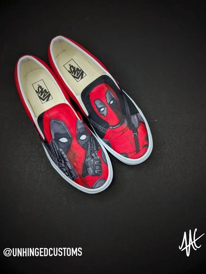 A clean, flat-lay shot of the custom Deadpool Vans. Perfect for any fan of the fourth-wall-breaking anti-hero.