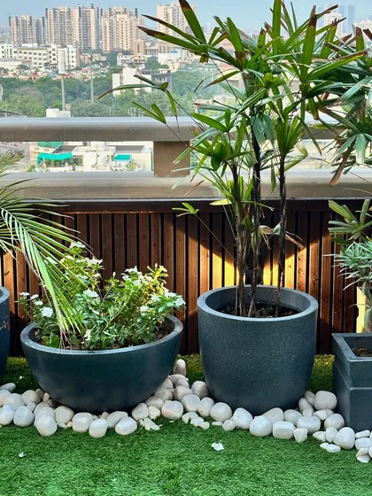 A closer look at the planter arrangement on the terrace. We use a mix of modern pots, white pebbles for contrast, and a variety of plants to create a layered, visually interesting landscape design.