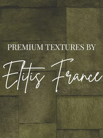 Premium textures by Élitis France. This close-up shows a wallcovering made of rectangular patches with a hide-like texture, creating a sophisticated and luxurious surface in a deep olive green.