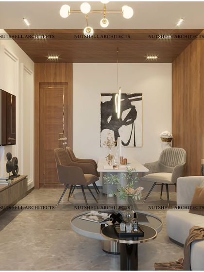 This compact yet elegant workspace combines a small dining or meeting table with a comfortable lounge area. The rich wood paneling creates a warm and inviting atmosphere, perfect for a multi-purpose home office.