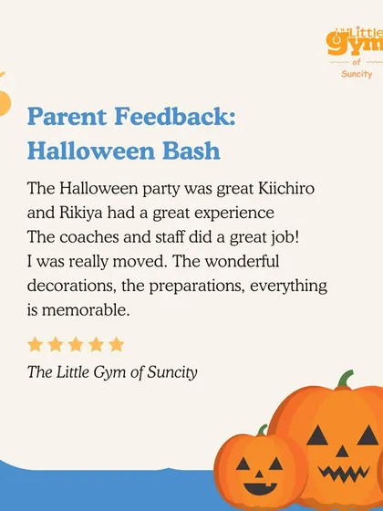 We are so proud of the memorable experiences we create, like our annual Halloween Bash. This glowing feedback from a parent highlights the wonderful decorations, thoughtful preparations, and the fantastic job our coaches do to make every party special for the children.