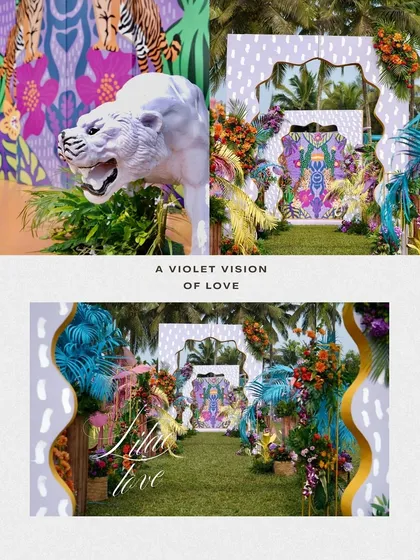 A collage showcasing the "Violet Vision of Love" theme for a carnival event. It features bold graphic backdrops, a white tiger sculpture, and an entranceway bursting with colorful, exotic foliage.
