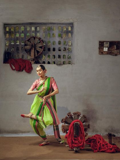 A dynamic pose inside a weaver's studio, surrounded by the tools of the trade. This collaboration with Amar Ramesh was a beautiful exploration of dance and heritage.
