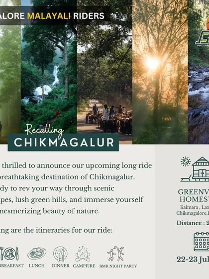 An announcement for our long ride to the breathtaking landscapes of Chikmagalur. The itinerary shows our focus on a complete experience, including a comfortable homestay, campfire, and night party.