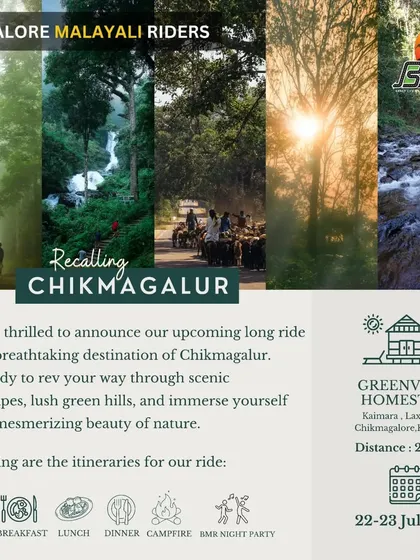 An announcement for our long ride to the breathtaking landscapes of Chikmagalur. The itinerary shows our focus on a complete experience, including a comfortable homestay, campfire, and night party.