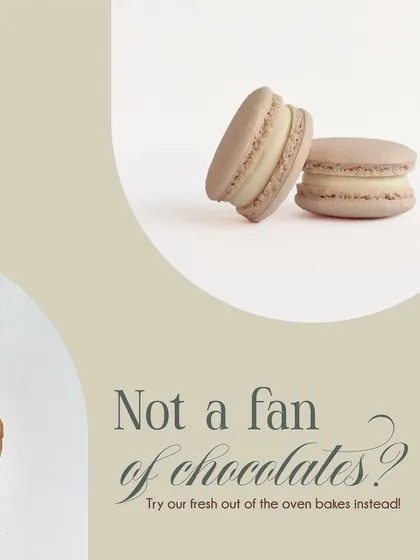 Not a fan of chocolates? We have you covered. This image teases our freshly baked goods, like these perfect macarons, available at our new store.