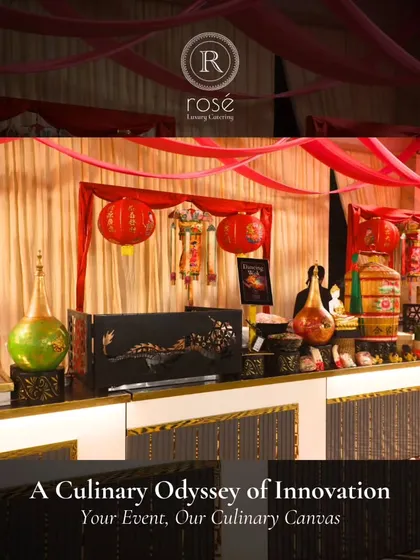 A wider view of the Chinese-themed station, showcasing our ability to create a complete culinary canvas for your event, where daring innovation meets culinary excellence.
