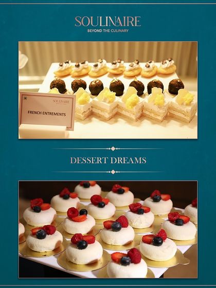 A collage of dessert dreams, featuring delicate French entremets and beautiful berry-topped pavlovas. Our pastry chefs craft sweet masterpieces to conclude your event.