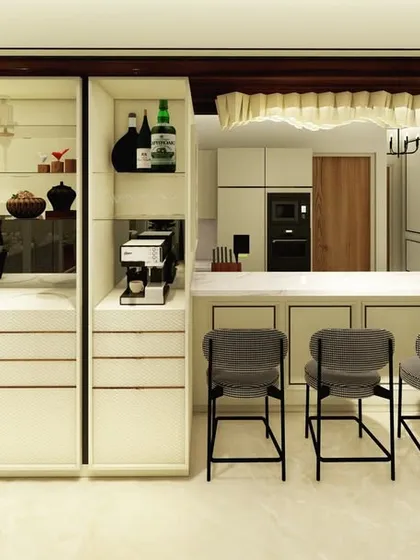 With the cabinets open, the fully equipped home bar is revealed. The design includes dedicated wine storage, glass racks, and space for a coffee machine, making it a highly functional and stylish feature for entertaining.
