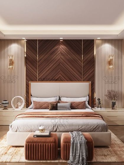 This bedroom uses warm wood tones to create a cozy and inviting atmosphere. The chevron-patterned wood headboard is the focal point, complemented by neutral bedding and simple, modern furniture.