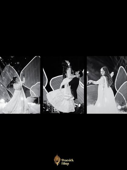 A triptych of the bride's solo dance performance at the Sangeet. These black and white shots capture her grace, energy, and the magic of her moment in the spotlight.