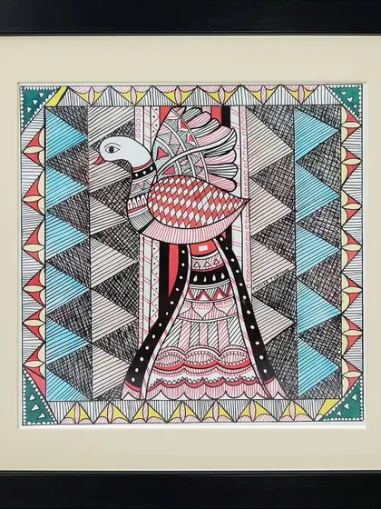A Madhubani painting by Vrishti featuring a bird with intricate geometric patterns on its wings and body. The use of contrasting colors and detailed line work is characteristic of this traditional art form.