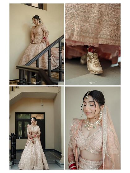 A collage of the bride getting ready, showing details from her elegant lehenga to her unique bridal sneakers.