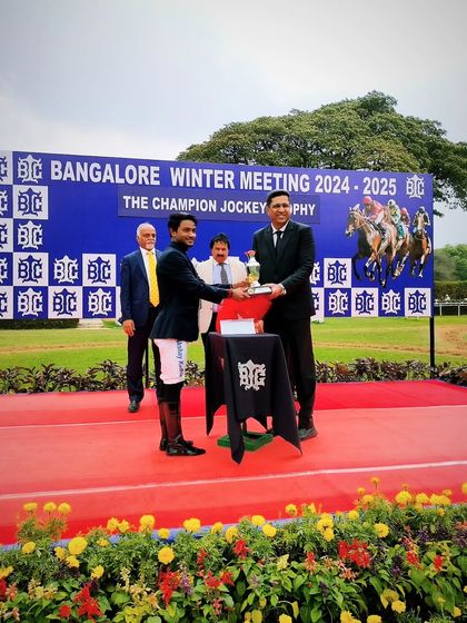 Celebrating the top jockey of the Bangalore Winter Meeting.