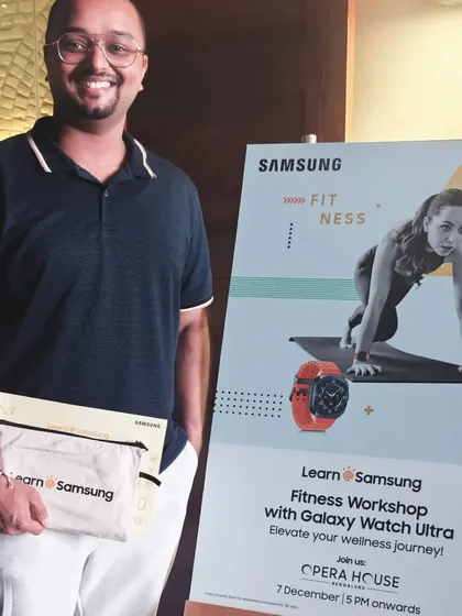 Our co-founder, Shivashankar P Shenoy, at the Samsung Fitness Workshop. This event focused on elevating the wellness journey of participants by combining our yoga instruction with technology like the Galaxy Watch Ultra, showing our adaptability and modern approach.