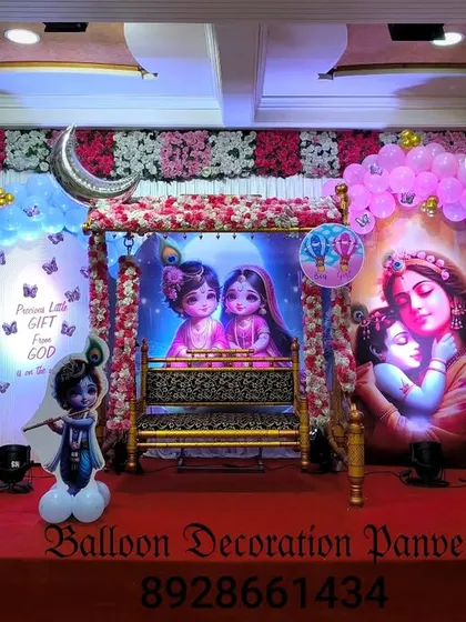 A beautiful stage setup for a traditional Maharashtrian baby shower, or 'Dohale Jevan'. I combined balloon arches with traditional elements and character cutouts to create a blessed and celebratory atmosphere for the parents-to-be.