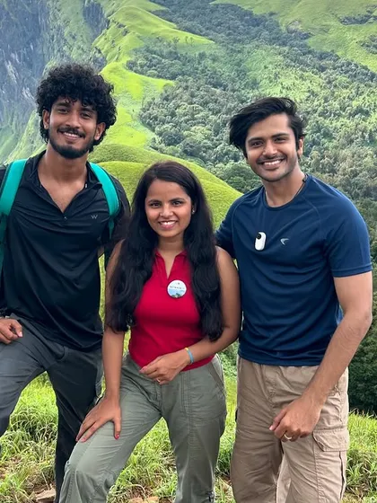 A group of friends, including one of our trek leads, posing on the Netravati peak.