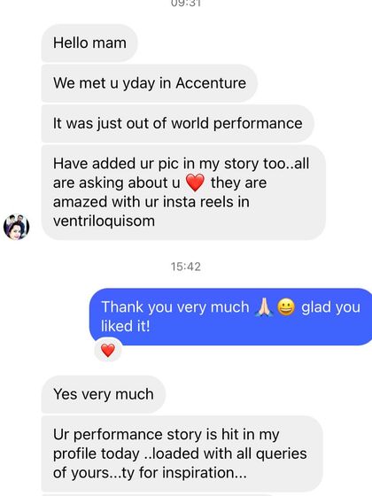 A screenshot of a lovely message I received after my performance at Accenture. It's heartwarming to know the performance was an "out of world" experience for the audience.