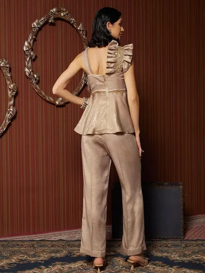 The back view of the Aayat Co-ord Set, showing the peplum top and straight-leg pants.