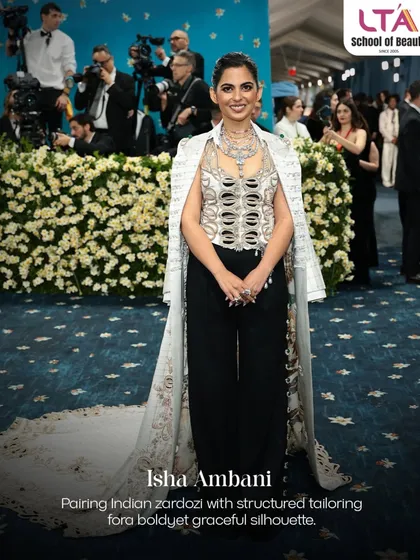 Isha Ambani paired Indian zardozi with structured tailoring for a bold yet graceful silhouette. We use such looks to teach the art of fusion and balancing intricate traditional craft with modern forms.