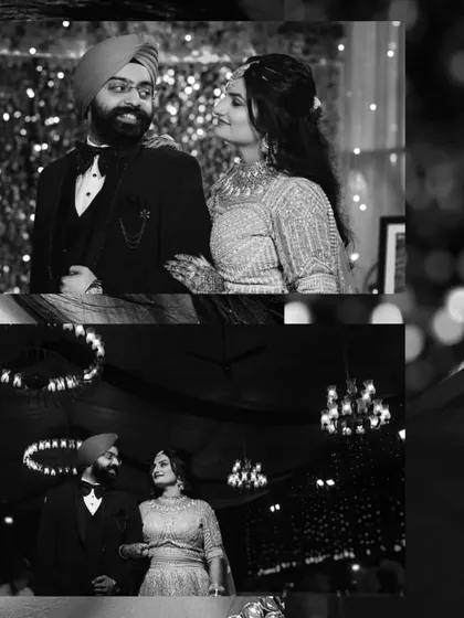 A black and white album layout from a Punjabi reception. It captures the happy interactions between the couple, with the monochrome tones emphasizing their expressions and the festive atmosphere.