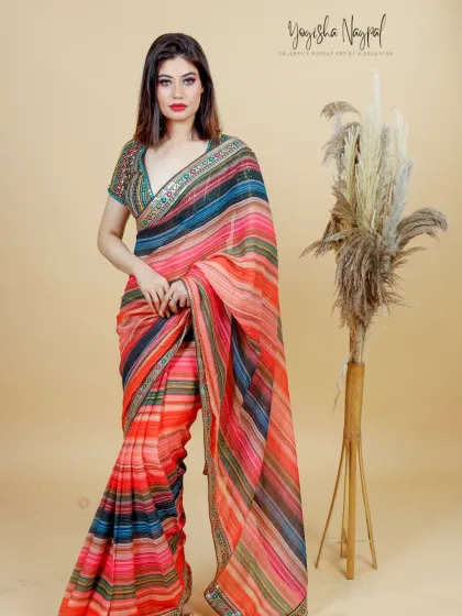 The full look from the saree shoot, showcasing how the makeup and styling come together to create a stunning visual for the brand.