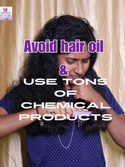 Avoiding hair oil and relying only on chemical products can lead to trouble. This image shows the struggle of dealing with tangled, unhealthy hair. Natural oils are essential for nourishment.
