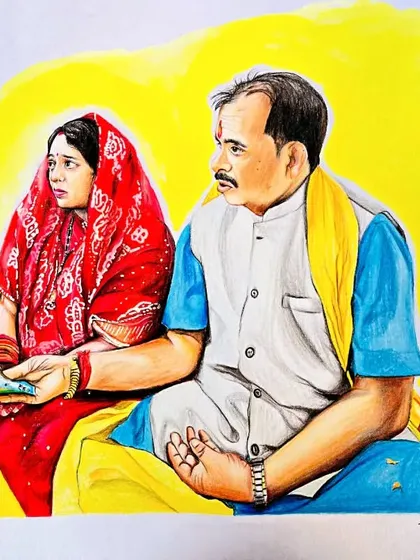 A completed commission work of a couple. I used a bright yellow background to make the subjects stand out and focused on the details of their clothing and expressions.