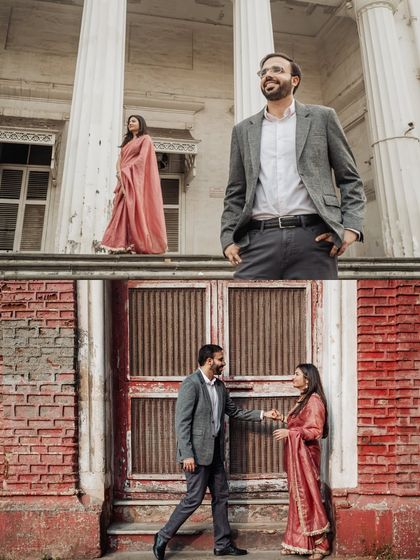 This collage showcases both individual and couple portraits against the classic architecture of the city, capturing their style and the rustic charm of the location.