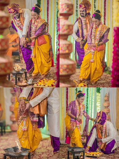 A collection of images showing the 'saptapadi' or seven steps around the sacred fire, a pivotal ritual in a Hindu wedding.