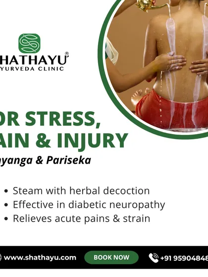For stress, pain, and injury, I recommend Abhyanga and Pariseka. This therapy involves a stream of herbal decoction poured over the body, which is effective for relieving acute pain, strain, and even diabetic neuropathy.