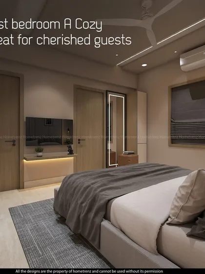 A cozy retreat for cherished guests. This guest bedroom is designed with warm wood tones, simple lines, and a floating TV console to be welcoming and comfortable.