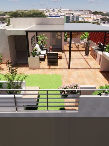 A full 3D model of a rooftop terrace makeover. This design includes a covered seating area, an outdoor kitchen and bar, and extensive planters, turning the entire roof into a functional and beautiful living space.